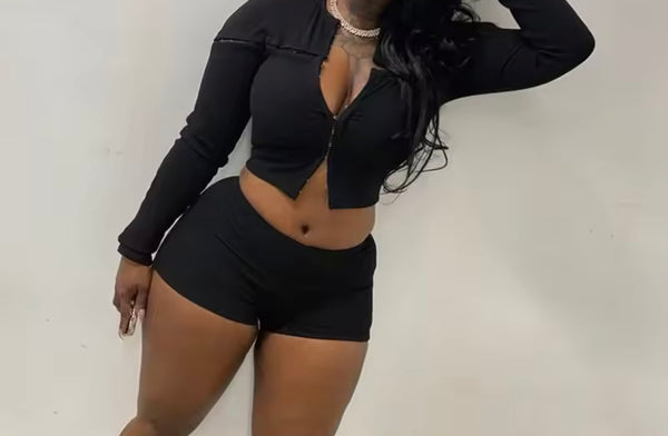 Women Black Sexy Fashion Full Sleeve Two Piece Short Set