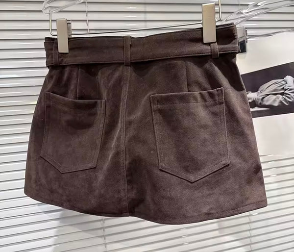 Women Sexy Fashion Suede Buckle Pocket Skirt