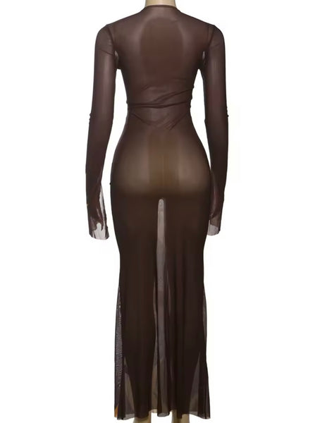 Women Sexy Brown Printed Full Sleeve Cut Out Mesh Maxi Dress