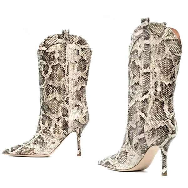 Women Pointed Toe Snake Print High Heel Boots