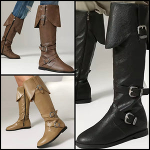 Women Fashion Buckled Knee High Flat Boots