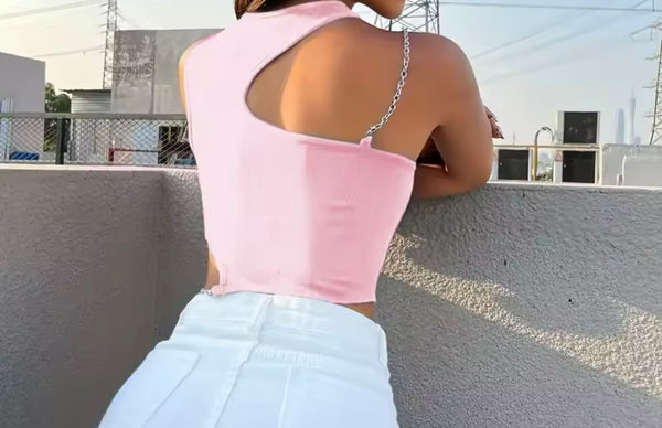 Women Fashion Sleeveless Pink Chain Cut Out Crop Top
