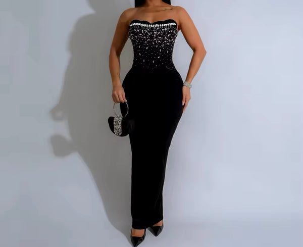Women Sexy Bling Strapless Velour Maxi Dress