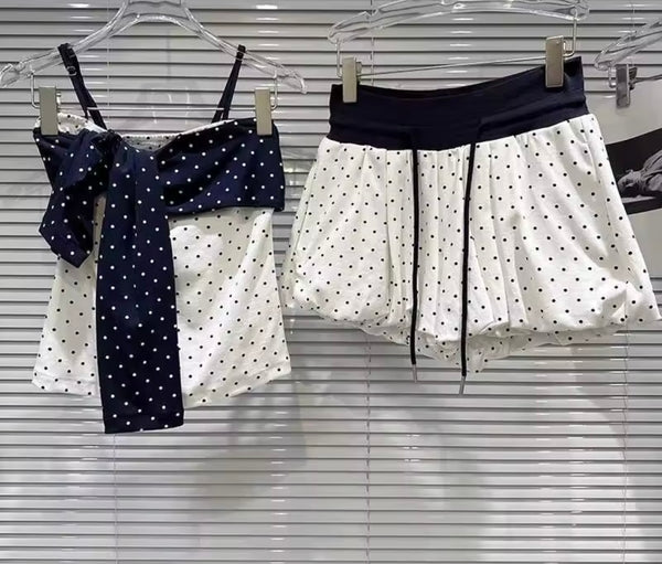 Women Sexy Sleeveless Color Patchwork Polka Dot Two Piece Skirt Set