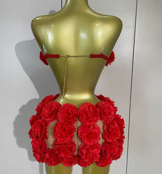 Women Sexy Red Sleeveless Floral Chain Open Back Two Piece Skirt Set