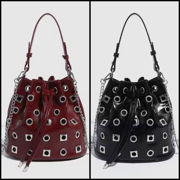 Women Fashion Faux Leather Metal Rivet Handbag Purse