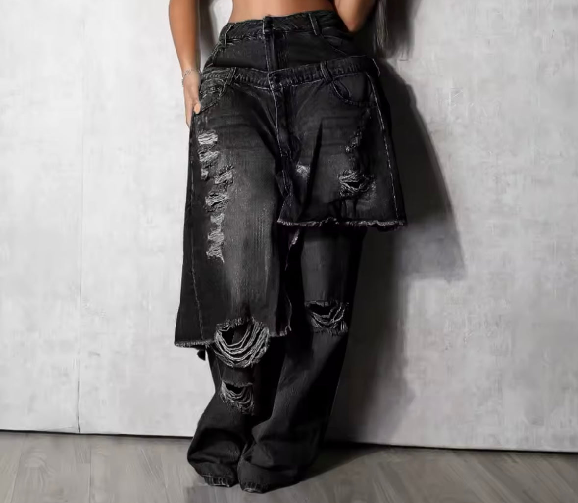Women Fashion Asymmetrical Ripped Wrap Denim Pants