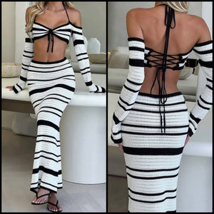 Women Sexy Full Sleeve B&W Ribbed Two Piece Maxi Skirt Set