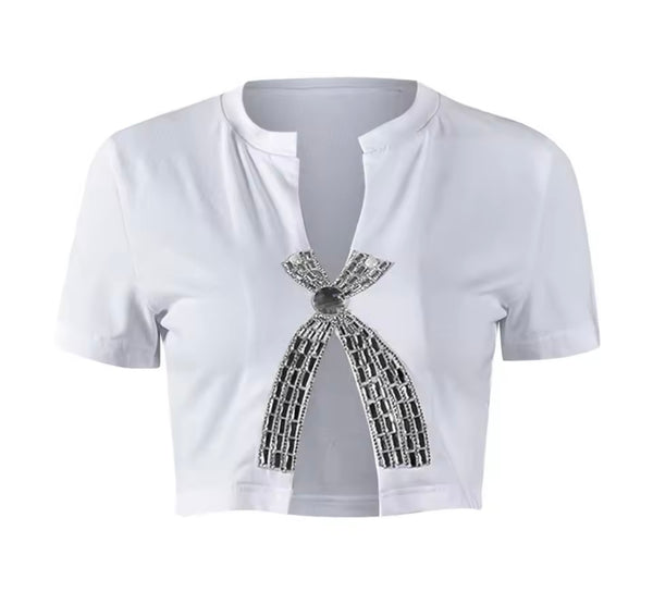 Women Fashion Short Sleeve Bling Bow Crop Top