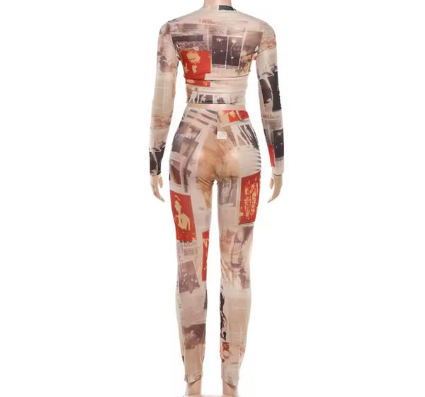 Women Fashion Printed Full Sleeve Mesh Two Piece Pant Set