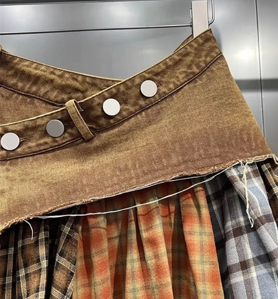 Women Fashion Plaid Pleated Denim Skirt