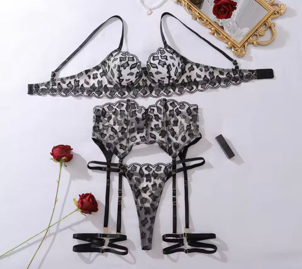 Women Sexy Black Printed Mesh Lingerie Set