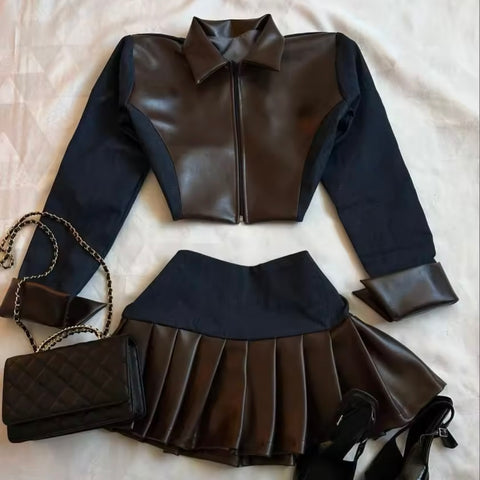 Women Fashion Faux Leather Two Piece Pleated Skirt Set