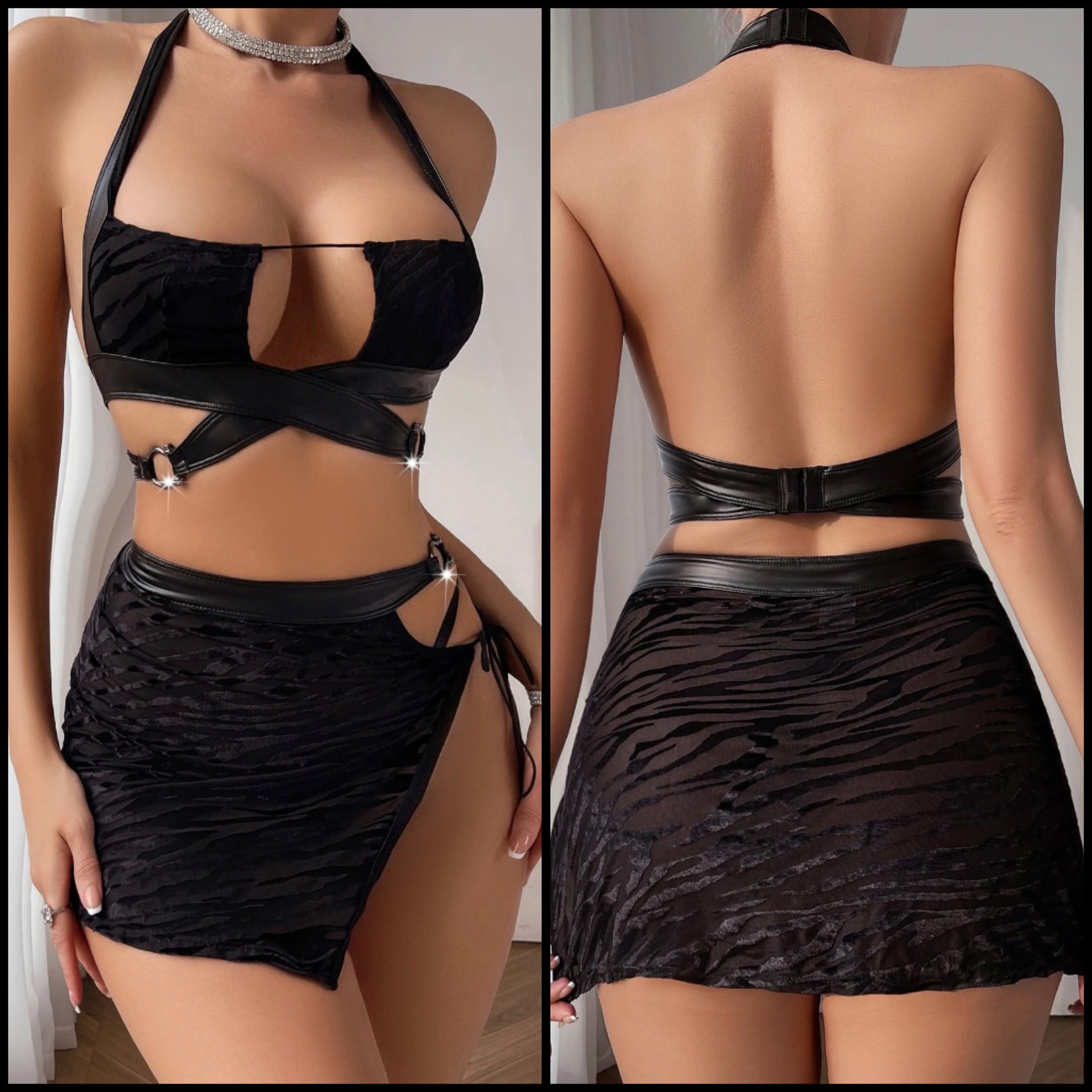 Women Sexy Black Printed Halter Mesh Lingerie Set