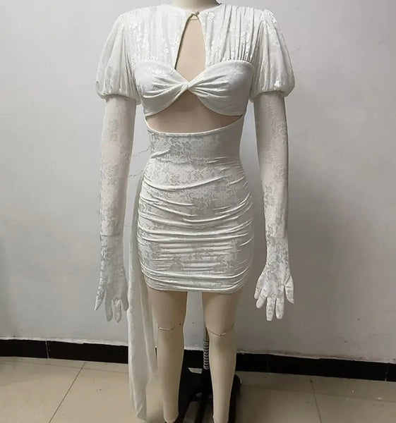 Women Sexy Printed Solid Color Glove Full Sleeve Cut Out Dress