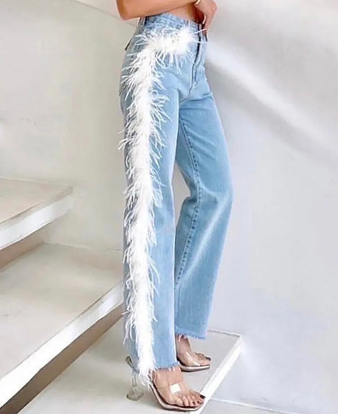 Women Fashion Faux Fur Patchwork Denim Pants