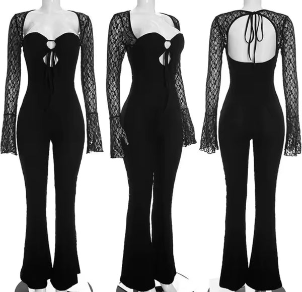 Women Sexy Lace Tie Up Open Back Full Sleeve Jumpsuit