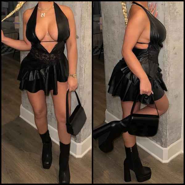 Women Sexy Halter Sleeveless PU Ruffled Dress