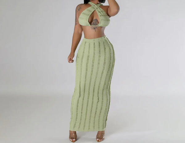 Women Solid Color Sleeveless Sexy Lace Up Crop Two Piece Maxi Skirt Set