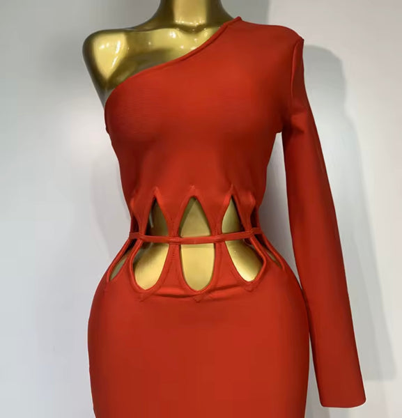Women Sexy Red One Shoulder Full Sleeve Cut Out Maxi Dress