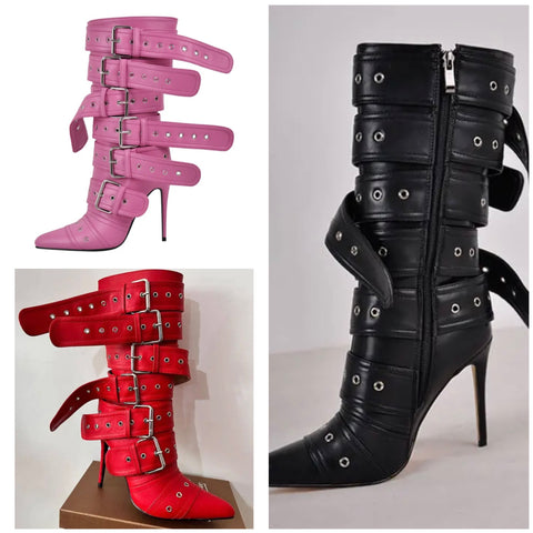 Women Fashion Pointed Toe Buckled Faux Leather Boots