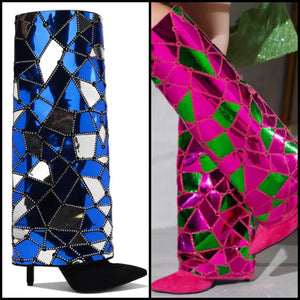 Women Fashion Suede Mirror Color Patchwork Knee High Boots