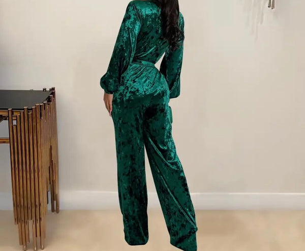 Women Sexy Deep V-Neck Full Sleeve Velour Tie Up Jumpsuit