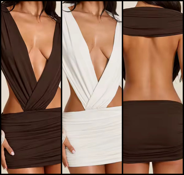 Women Sexy Deep V-Neck Open Back Sleeveless Ruched Dress