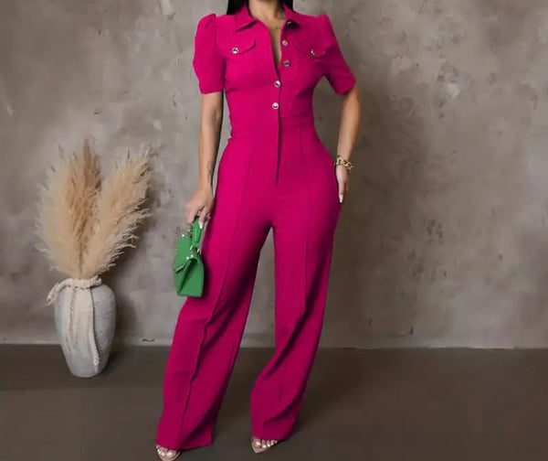 Women Color Button Up Short Sleeve Fashion Jumpsuit