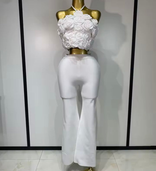 Women Fashion 3D Floral Halter Sleeveless Two Piece Pant Set