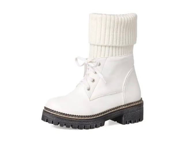 Women Color Fashion Knitted Faux Leather Lace Up Ankle Boots