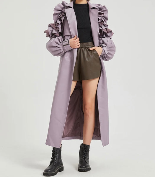Women Color Ruffled Fashion Faux Leather Trench Jacket