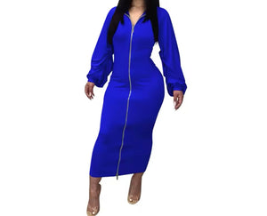 Women Fashion Color Front Zipper Full Sleeve Maxi Dress