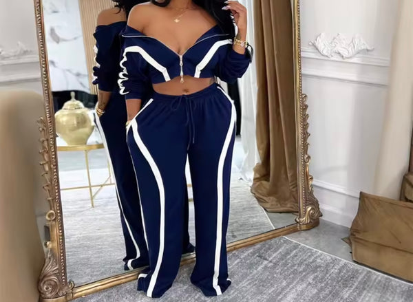 Women Fashion Velour Striped Zip Up Tracksuit Two Piece Pant Set