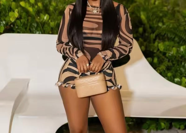 Women Sexy Striped Mesh Full Sleeve Ruffled Two Piece Short Set