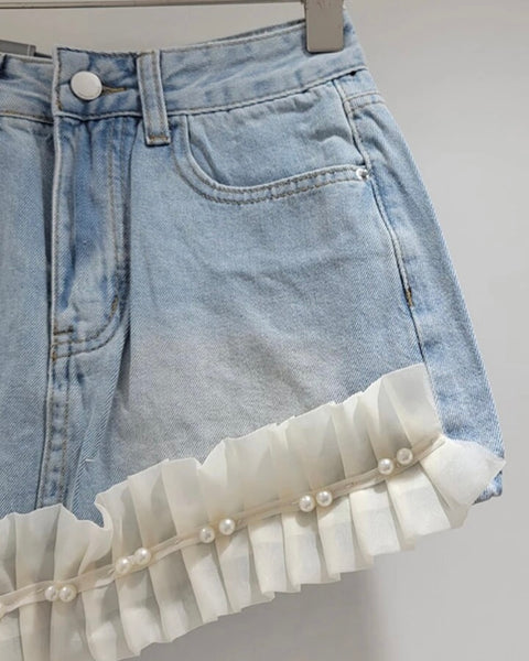 Women Fashion Ruffled Pearl Asymmetrical Denim Skirt