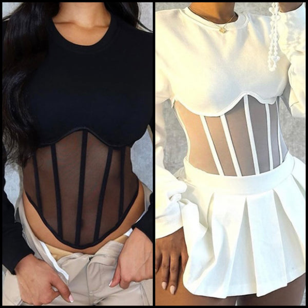 Women Mesh Patchwork Fashion Full Sleeve Top