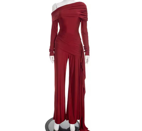 Women Off The Shoulder Full Sleeve Ruche Tassel Jumpsuit