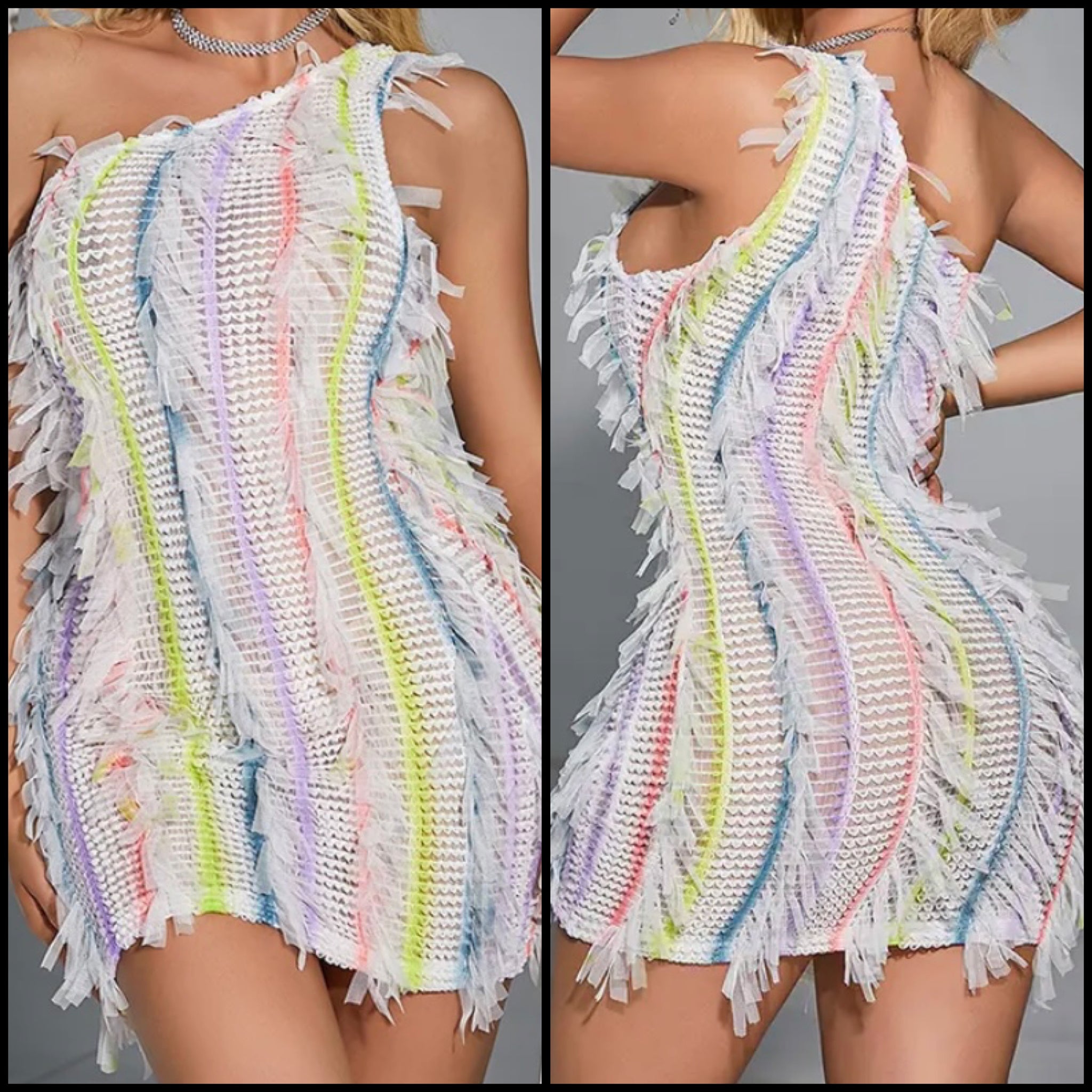 Women Sexy One Shoulder Color Striped Fringe Dress