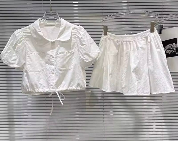 Women Collar Button Up Short Sleeve Sexy Two Piece Skirt Set