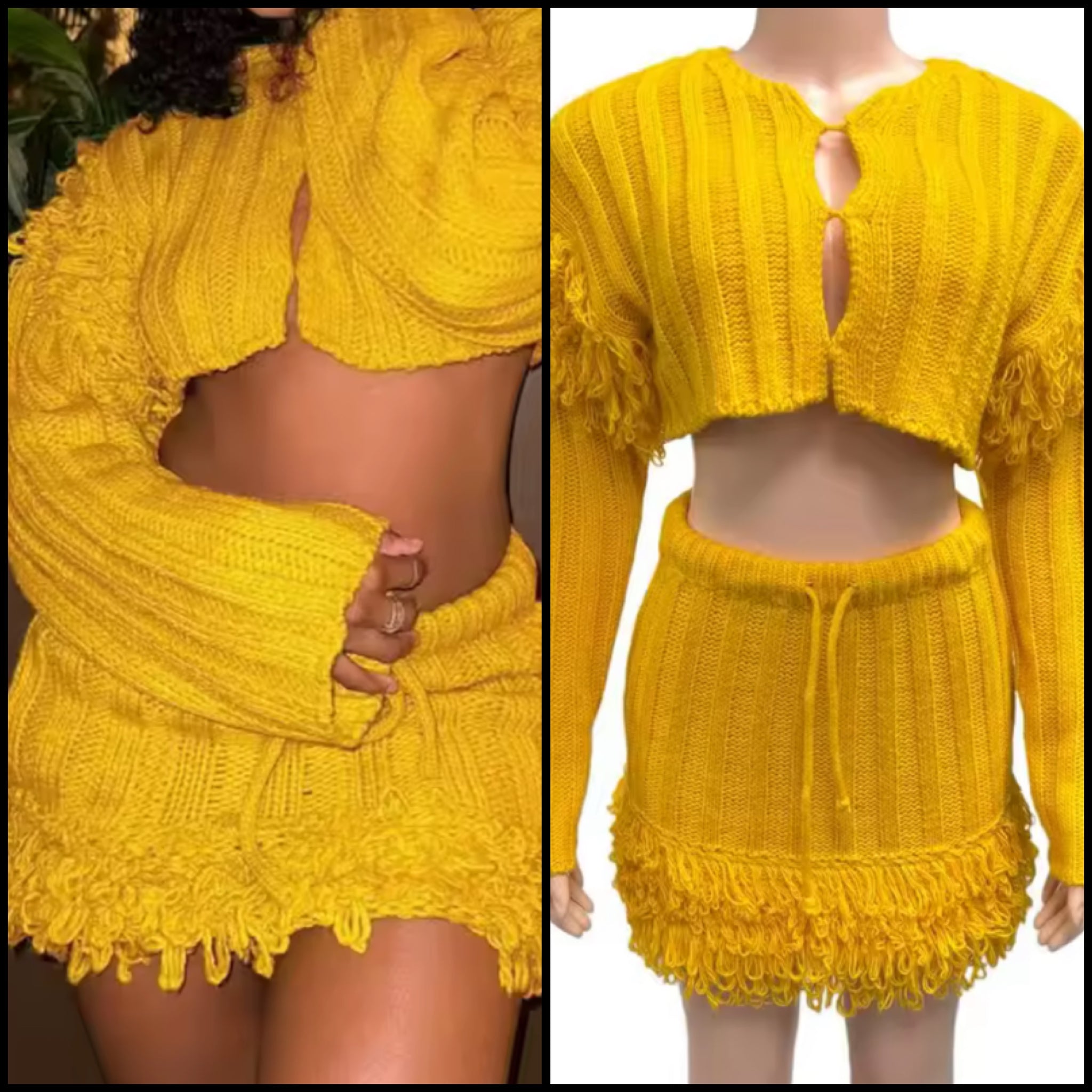 Women Yellow Knitted Fringe Full Sleeve Fashion Two Piece Skirt Set