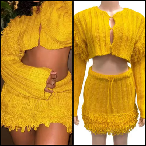 Women Yellow Knitted Fringe Full Sleeve Fashion Two Piece Skirt Set