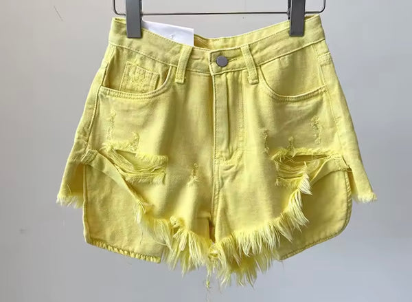 Women Sexy Fashion Color Ripped Denim Shorts