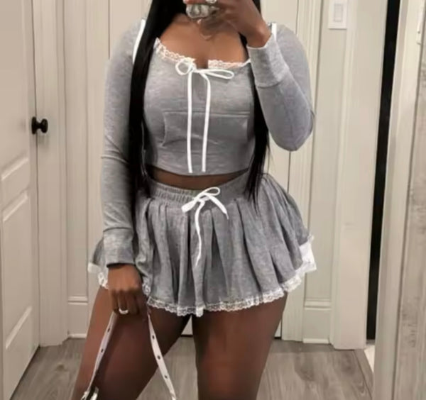 Women Sexy Gray Hooded Lace Patchwork Two Piece Pleated Skirt Set
