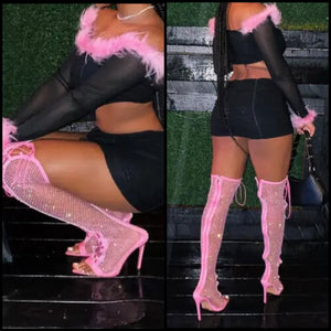 Women Pink Lace Up Fashion Over The Knee High Heel Boots