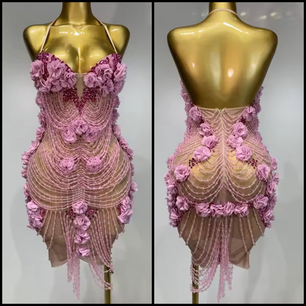 Women Sexy Pink Beaded Floral Rhinestone Halter Dress