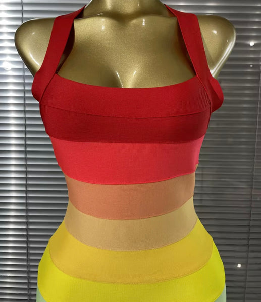 Women Sleeveless Open Back Striped Rainbow Bandage Dress