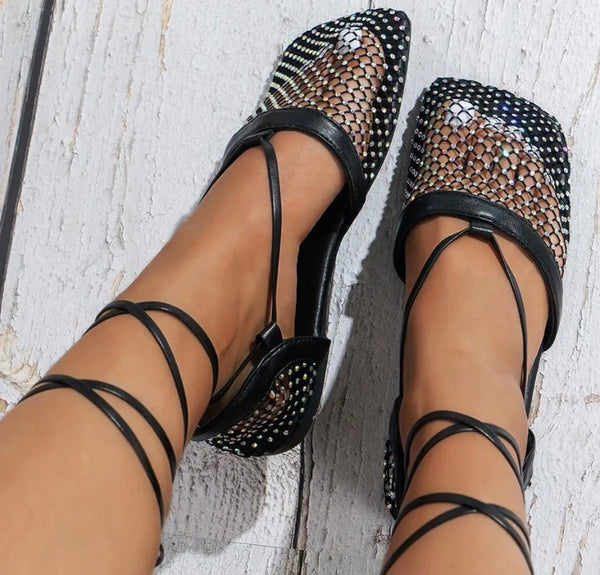 Women Netted Lace Up Fashion Flat Sandals