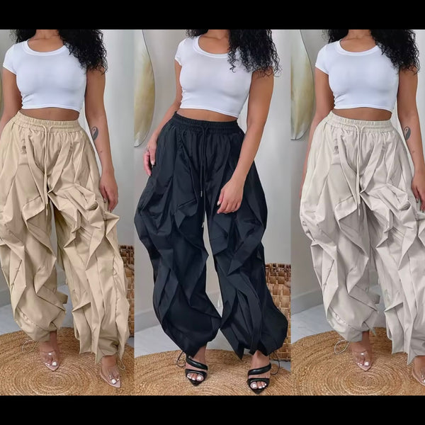 Women Color Fashion Ruffled Drawstring Pants