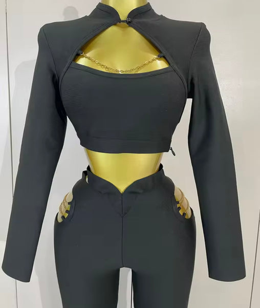 Women Black Chain Cut Out Full Sleeve Crop Two Piece Pant Set